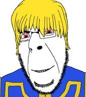 anime clothes glasses hair hunter_x_hunter kurapika red_eyes smile soyjak stubble variant:cobson yellow_hair // 830x932 // 68.7KB