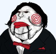 angry bowtie closed_mouth clothes hair jigsaw_(saw) lips obese puppet red_eyes saw_(movie) soyjak stubble tuxedo variant:meximutt white_skin // 888x849 // 393.8KB