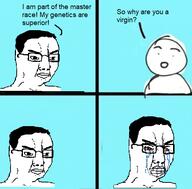 bloodshot_eyes clenched_teeth comic crying glasses gritting_teeth hair meme racism soyjak text variant:chudjak virgin // 528x520 // 114.6KB