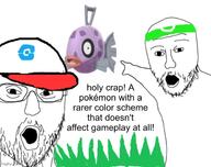 2soyjaks clothes feebas fish glasses grass hat headband hoenn imgflip.com monster nintendo pokemon shiny soyjak stubble variant:two_pointing_soyjaks video_game watermark // 632x500 // 64.4KB
