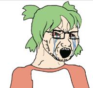 4chan anime bloodshot_eyes clothes crying female glasses green_hair hair open_mouth soyjak stubble variant:soyak yotsoyba // 1080x1011 // 30.9KB