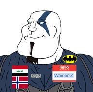 Warrior-Z(user) afghanistan arabic_text armor aryan batman batman_(series) beard blue_eyes buff closed_mouth flag flag:iraq flag:norway flag:taliban goatee god_of_war hair hello_my_name_is_(sticker) iraq kratos morpheus morpheus_armor norway series:keep_raging_on_them shahada skin smile soyjak subvariant:mexiaryan taliban text variant:meximutt video_game // 886x872 // 74.3KB