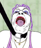 clothes hair hanging necklace nose_piercing open_mouth purple_hair sleeveless_shirt soyjak suicide tongue tranny variant:florejak yellow_teeth // 702x822 // 495.7KB