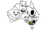 2soyjaks animal australia brainlet closed_mouth country frog glasses green_skin map mustache no_eyebrows open_mouth pepe smile soyjak stubble variant:gapejak variant:markiplier_soyjak wojak // 735x490 // 58.7KB