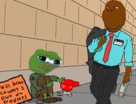 america_first amphibian beggar brown_skin cardboard clothes crying donald_trump frog groyper homeless india indian maga maga_hat name_tag nas:pepe nick_fuentes pepe_the_frog sign street subnas:apu suit suitcase technology twitter x // 950x720 // 167.4KB