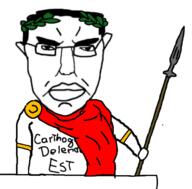 arm closed_mouth clothes ear glasses hair hand holding_object holding_spear laurel millions_must_die roman rome soyjak spear subvariant:chudjak_front text variant:chudjak // 651x640 // 149.1KB