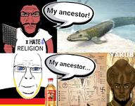2soyjaks aryan atheism beard blue_eyes country evolution flag flag:germany germanic germany glasses hyperborea i_hate red_skin religion smile soyjak speech_bubble stubble subvariant:nucob subvariant:science_lover text tiktaalik variant:cobson variant:markiplier_soyjak yakub yellow_hair // 1260x990 // 320.3KB