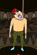 arm bloodshot_eyes cap clothes craig_boone crying fallout fallout_new_vegas full_body glasses hand hanging hat leg open_mouth rope soyjak suicide sunglasses tongue variant:bernd video_game yellow_teeth // 726x1080 // 112.6KB