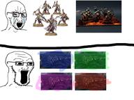 2soyjaks 3d chaos_warrior crying khorne lava miniature ms_paint nurgle shield slaanesh subvariant:wewjak sword tabletop_game total_war tzeentch variant:cryboy_soyjak variant:soyak video_game warhammer // 3226x2420 // 4.5MB