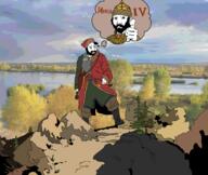 2soyjaks angry arm armor beard closed_mouth clothes crown cyrillic_text drawn_background ear full_body hand hat hill history ivan_iv multiple_soyjaks russia slavic smile soyjak thought_bubble thumbs_up tree variant:chudjak variant:kuzjak // 1488x1257 // 914.2KB