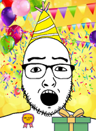 award bald birthday_hat celebration eyebrows glasses open_mouth present teeth variant:uncjak // 900x1228 // 778.5KB