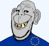 bad_teeth bald big_ears black_sclera blue_shirt clothes ear eternal_anglo european_union flag flag:european_union grey_skin looking_to_the_left missing_teeth mutt smile soyjak stubble transparent_background variant:britson yellow_teeth // 791x741 // 79.6KB