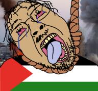 bloodshot_eyes brown_skin clothes country crying flag glasses hair hanging irl_background mustache open_mouth palestine palestinian rope soyjak stubble tongue tranny variant:bernd // 768x719 // 304.3KB