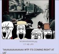 1896 4chan 4soyjaks black_and_white clothes crying distorted glasses hand hands_up hat irl_background jpeg l'arrivée_d'un_train_en_gare_de_la_ciotat lumiere_brothers movie post scared stubble subvariant:wewjak text thread top_hat train variant:a24_slowburn_soyjak variant:markiplier_soyjak variant:soyak // 622x570 // 56.1KB