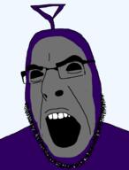antenna black_sclera glasses grey_skin no_pupils open_mouth purple_fur slendytubbies soyjak stubble teletubbies tinky_winky transparent_background variant:cobson // 721x948 // 37.6KB