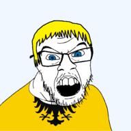 animal bird blue_eyes clothes country eagle flag flag:lower_silesian glasses hair lower_silesian mustache open_mouth poland soyjak stubble teeth transparent transparent_background variant:feraljak voivodeship yellow_hair // 1500x1500 // 88.2KB