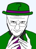 batman_(series) closed_mouth clothes glasses green_shirt hand hat looking_at_you soyjak stubble suit the_riddler variant:eviljak // 700x967 // 41.1KB