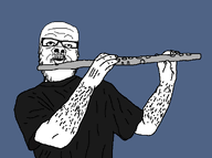 black_shirt blue_background flute glasses hairy instrument musician open_mouth playing_instrument variant:a24_slowburn_soyjak // 576x429 // 31.7KB