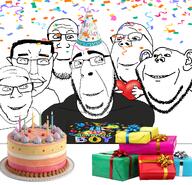 arm artist:soyia_agent birthday cake candle celebration closed_mouth clothes confetti ear food glasses hair hand happy hat heart holding_heart holding_object multiple_soyjaks smile soyjak stubble subvariant:pol_face sunglasses teeth text tshirt variant:chudjak variant:cobson variant:feraljak variant:gapejak variant:impish_soyak_ears variant:markiplier_soyjak wholesome // 2053x1977 // 2.1MB