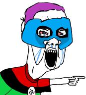 arm bloodshot_eyes clothes crying discord hand mask open_mouth pan_african pointing purple_hair soyjak swastika tshirt variant:chudjak // 685x762 // 73.6KB