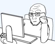 arm chair clothes computer glasses hand rolling_eyes screen soyjak stubble table template transparent_background variant:soyak // 452x363 // 72.5KB