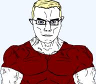 arm aryan blue_eyes buff closed_mouth clothes ear glasses hair soyjak subvariant:chudjak_front subvariant:muscular_chud tshirt variant:chudjak vein yellow_hair // 1059x929 // 45.3KB