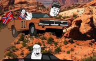 3soyjaks angry background balding beard black canyon car closed_mouth clothes confederate desert flag flying gem general_lee glasses grey_hair hair hat ias irl_background jumping middle_finger mountain mustache open_mouth orange pipe plant sky smirk smoke smoking soyjak stubble text the_dukes_of_hazzard uniform united_states variant:chudjak variant:feraljak variant:thunderf00t windows // 950x599 // 1.0MB
