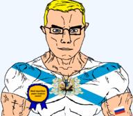 agartha agarthan arkhangelsk_oblast arm award blue_eyes buff closed_mouth clothes crown eastern_orthodox flag flag:arkhangelsk_oblast flag:russia full_body glasses hair oblast orthodox_cross paper russia shield soyjak subvariant:chudjak_front subvariant:muscular_chud sword text transparent transparent_background tshirt variant:chudjak vein wing yellow_hair // 1059x929 // 158.7KB