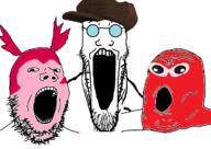 3soyjaks clothes courage_the_cowardly_dog glasses hat logposter open_mouth soyjak spinel_(steven_universe) steven_universe stretched_mouth stubble trend:soyjak_trio variant:gapejak variant:markiplier_soyjak variant:tony_soprano_soyjak // 1200x848 // 362.8KB