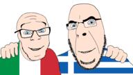 2soyjaks aryan blue_eyes closed_mouth clothes country flag flag:greece flag:italy friendship glasses greece greecearyan hand happy hugging italaryan italy mediterranean no_more_brother_wars smile soyjak stubble variant:cobson variant:feraljak white_skin // 1920x1080 // 233.9KB