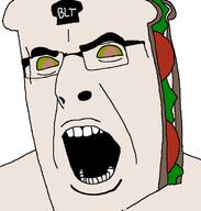 angry blt bread food glasses lettuce olives open_mouth sandwich soyjak tomatoes variant:cobson // 676x708 // 61.1KB