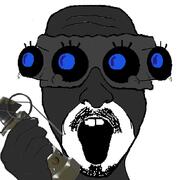 balaclava buck_teeth flash_grenade hand holding_object mustache night_vision_goggles open_mouth soyjak stubble variant:unknown // 876x822 // 146.1KB