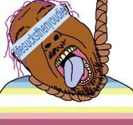 brown_skin crying dead hair hanging lifesucksthenyoudie map_(pedophile) mustache open_mouth pedophile purple_hair rope slopjak soybooru soyjak stubble suicide text tongue variant:bernd yellow_teeth // 768x719 // 127.8KB