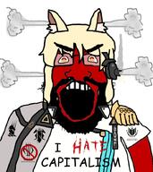 angry animal_ears arknights arm beard blond cape capitalism clothes fume glasses hair i_hate long_hair nearl open_mouth orange_eyes red_skin soyjak subvariant:science_lover text variant:markiplier_soyjak yellow_hair // 795x893 // 349.6KB