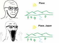 2soyjaks arm closed_mouth concerned frown glasses hand hands_up looking_to_the_right open_mouth place_japan plant river soyjak stubble subvariant:soyak_(irritated) subvariant:wewjak sun teeth text tree variant:soyak water // 1080x780 // 201.9KB