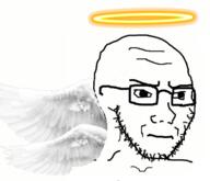 angel bald closed_mouth clothes frown glasses halo irritated looking_to_the_right soyjak stubble subvariant:soyak_(irritated) variant:soyak white_background wing // 540x464 // 160.4KB