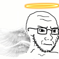 angel bald closed_mouth clothes frown glasses halo irritated looking_to_the_right soyjak stubble subvariant:soyak_(irritated) variant:soyak white_background wing // 540x464 // 160.4KB
