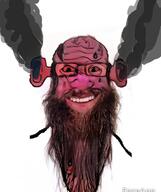 beard calm ear faceapp fume glasses ogre_ears red_eyes red_skin smile smoke soyjak stretched_chin stubble subvariant:longplier sweating variant:markiplier_soyjak vein watermark // 785x938 // 137.1KB