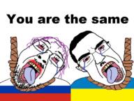 2soyjaks bloodshot_eyes clothes crying flag flag:russia flag:ukraine glasses hanging mustache oink open_mouth rope russia russo_ukrainian_war stubble tranny ukraine variant:bernd variant:chudjak you're_the_same // 841x634 // 385.6KB
