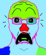 distorted glasses green_teeth green_tongue grey_eyes nose open_mouth pink_glasses red_nose red_teeth screaming stubble subvariant:doctos subvariant:doctos_front trend:colorjak variant:soyak // 600x718 // 59.0KB
