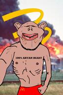 amerimutt animated arm aryan_beast brown_eyes brown_skin clothes dirty_mouth ear fist front_facing hand irl_background lips looking_at_you mcdonalds music mutt nipple open_mouth red_pants selfie shirtless skinny smile soyjak spinning stubble subvariant:impish_amerimutt subvariant:impish_front tattoo text variant:impish_soyak_ears video // 480x720, 20.6s // 3.3MB