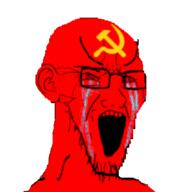 bloodshot_eyes communism crying ear glasses hammer_and_sickle large_eyebrows open_mouth politics red red_skin soyjak stretched_mouth stubble variant:soyak // 344x348 // 39.9KB