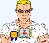 animal arm award blue_eyes buff christianity closed_mouth clothes crown deer eastern_orthodox eyes_like_the_o-o-cean flag flag:nizhny_novgorod flag:russia glasses hair maxim_gorxy nizhny_novgorod_oblast oblast orthodox_cross russia soyjak subvariant:chudjak_front subvariant:muscular_chud text transparent transparent_background tshirt variant:chudjak vein yellow_hair // 1059x929 // 160.7KB
