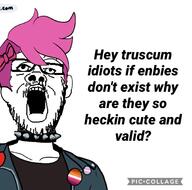 badge bowtie choker clothes ear enbie glasses hair mustache open_mouth pink_hair soyjak spike stubble text tranny variant:a24_slowburn_soyjak // 1820x1800 // 984.5KB