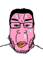 anger_mark angry bloodshot_eyes crying glasses hair leaking neck pink_skin red_eyes seething soyjak stubble subvariant:chudplier sweating teeth variant:chudjak variant:markiplier_soyjak vein white_background yellow_teeth // 600x800 // 18.3KB