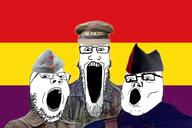 3soyjaks clothes communism glasses hat open_mouth second_spanish_republic soyjak spanish_civil_war stretched_mouth stubble trend:soyjak_trio variant:gapejak variant:markiplier_soyjak variant:tony_soprano_soyjak // 1280x853 // 805.6KB