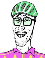 biker collared_shirt crooked_teeth cyclist glasses goggles grin hair helmet long_hair nose_piercing nose_ring piercing purple_shirt smug squinting variant:mulletjak // 838x1072 // 95.4KB