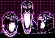 3soyjaks glasses music open_mouth purple radioactive soyjak stretched_mouth stubble trend:soyjak_trio vaporwave variant:gapejak variant:markiplier_soyjak variant:tony_soprano_soyjak wave // 828x581 // 451.9KB