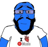 arm beard blue blue_skin calm closed_mouth clothes glasses heart i_love soyjak subvariant:science_lover tshirt variant:markiplier_soyjak youtube_music // 800x789 // 103.3KB