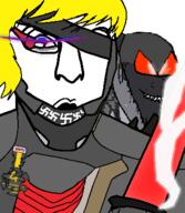 armor badge glowing_eyes hair metal_gear metal_gear_rising nate oldfag open_mouth soyjak soyjak_party text variant:56jak video_game yellow_hair // 360x415 // 46.2KB
